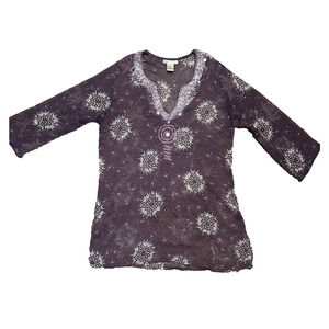 Y2K Whimsygoth Sheer Top Medium 100% Cotton Witchy FairyCore Beaded Purple Dream